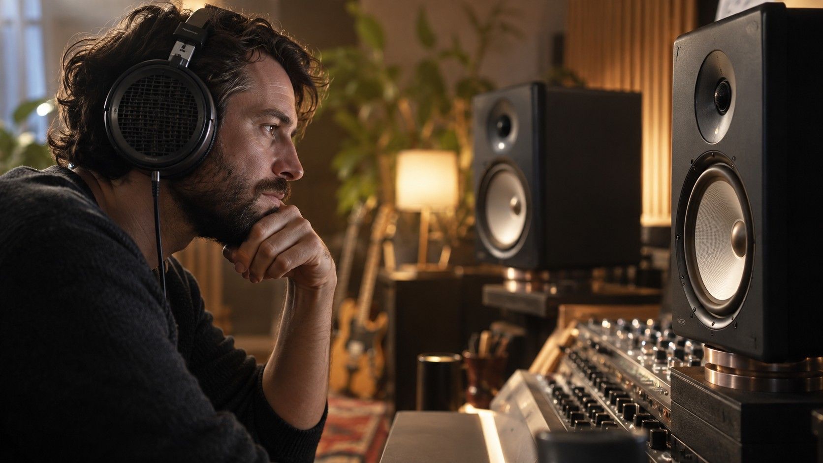 Studio headphones beside an audio waveform display